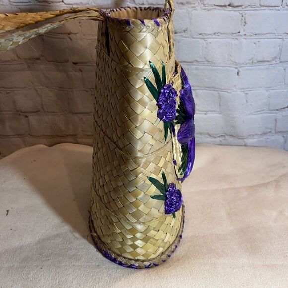 Vintage 1960s or 1970s Straw and Raffia Handbag or Small Tote Floral Beachy - Picture 11 of 16